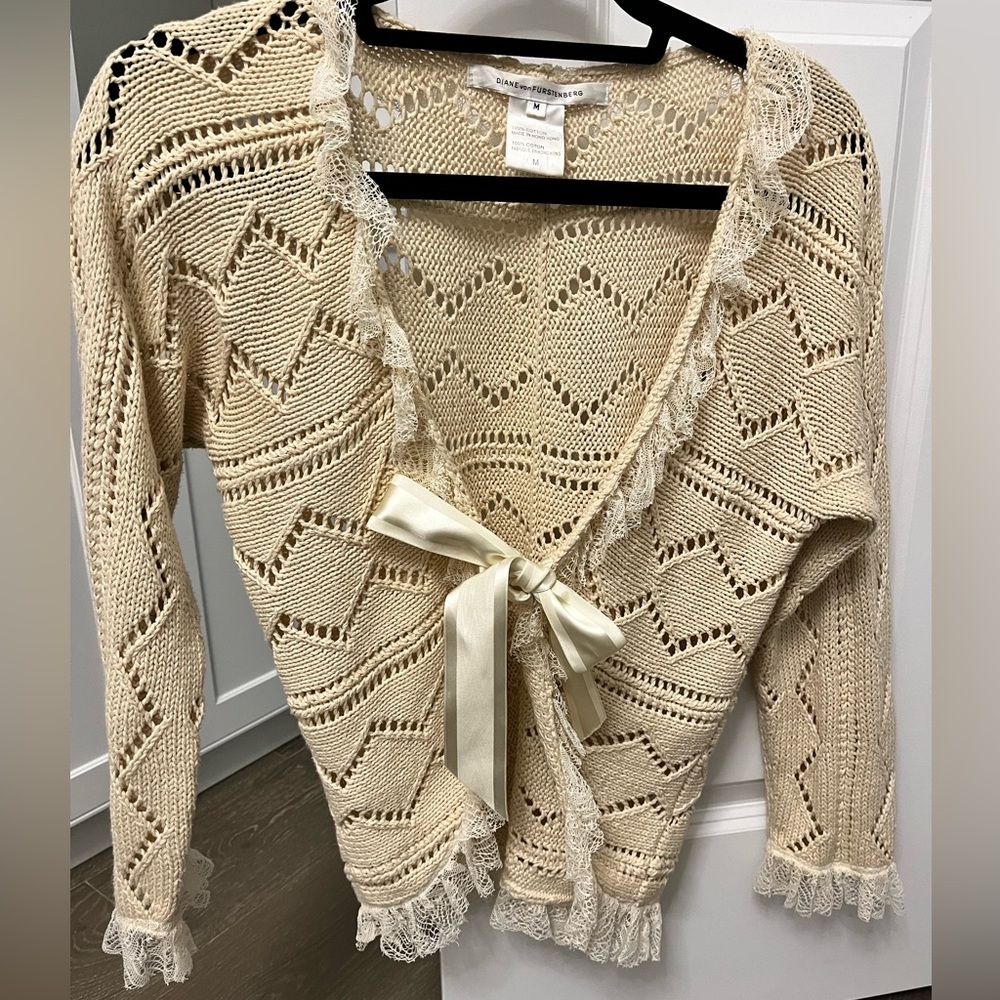 Diane von Furstenberg classic cream ruffle cardigan with ribbon